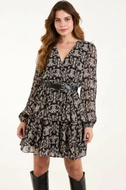 Wrap Dresses*Blue Vanilla Wrap Front Belted Double Frill Dress Black