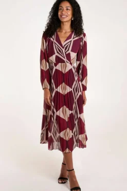 Wrap Dresses*Blue Vanilla Wrap Front Pleated Geometric Maxi Dress Wine