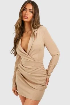Blazer Dresses|Wrap Dresses*boohoo Wrap Long Sleeve Blazer Dress stone