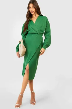 Shirt Dresses|Wrap Dresses*boohoo Wrap Midi Shirt Dress green