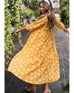 Midi Dresses*Azura Exchange Flower Print Bracelet Sleeve Buttons Collared Maxi Dress Yellow