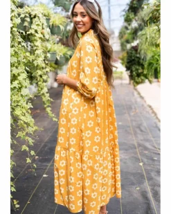Midi Dresses*Azura Exchange Flower Print Bracelet Sleeve Buttons Collared Maxi Dress Yellow