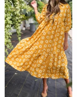Midi Dresses*Azura Exchange Flower Print Bracelet Sleeve Buttons Collared Maxi Dress Yellow