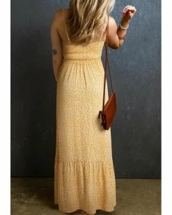 Smock Dresses*Azura Exchange Frilly Smocked High Waist Floral Maxi Dress Yellow