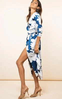 Wrap Dresses|Midi Dresses*Dancing Leopard Yondal Floral Print Wrap Front Midi Dress V-Neck Tie Waist Outfit Navy