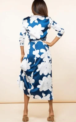 Wrap Dresses|Midi Dresses*Dancing Leopard Yondal Floral Print Wrap Front Midi Dress V-Neck Tie Waist Outfit Navy