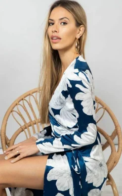 Wrap Dresses|Midi Dresses*Dancing Leopard Yondal Floral Print Wrap Front Midi Dress V-Neck Tie Waist Outfit Navy