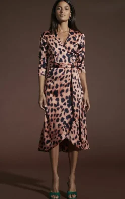 Wrap Dresses|Midi Dresses*Dancing Leopard Yondal Leopard Print Wrap Front Midi Dress V-Neck Tie Waist Outfit Orange