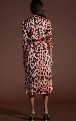 Wrap Dresses|Midi Dresses*Dancing Leopard Yondal Leopard Print Wrap Front Midi Dress V-Neck Tie Waist Outfit Orange