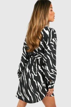 Shirt Dresses|Mini Dresses*boohoo Zebra Batwing Belted Shirt Dress black