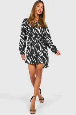 Shirt Dresses|Mini Dresses*boohoo Zebra Batwing Belted Shirt Dress black