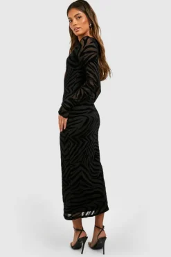 Maxi Dresses|Long Sleeve Dresses*boohoo Zebra Devore Midaxi Dress black