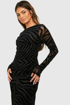 Maxi Dresses|Long Sleeve Dresses*boohoo Zebra Devore Midaxi Dress black