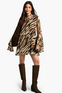 Smock Dresses|Mini Dresses*boohoo Zebra Flare Sleeve Chiffon Smock Dress brown