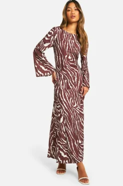 Maxi Dresses|Long Sleeve Dresses*boohoo Zebra Flare Sleeve Maxi Dress brown
