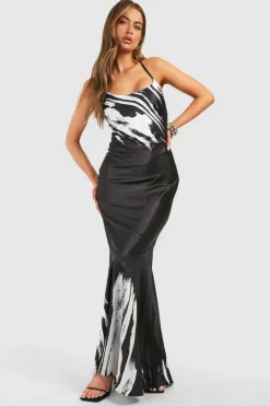 Maxi Dresses*boohoo Zebra Print Tie Back Ruffle Hem Maxi Dress black