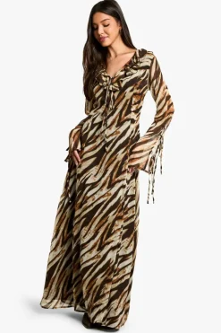 Maxi Dresses|Long Sleeve Dresses*boohoo Zebra Ruffle Tie Sleeve Belted Chiffon Maxi Dress brown