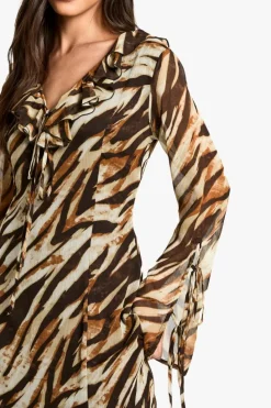 Maxi Dresses|Long Sleeve Dresses*boohoo Zebra Ruffle Tie Sleeve Belted Chiffon Maxi Dress brown