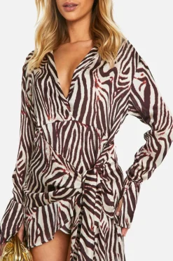 Shirt Dresses|Wrap Dresses*boohoo Zebra Satin Wrap Skirt Shirt Dress brown