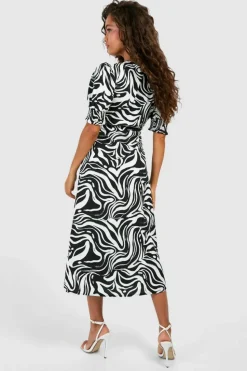 Midi Dresses*boohoo Zebra Shirred Cuff Midi Dress black