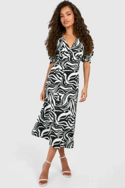 Midi Dresses*boohoo Zebra Shirred Cuff Midi Dress black