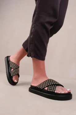 Sandals*Where's That From Zenith' Flat Sandals With Cross Over Pressed Studs Straps Black