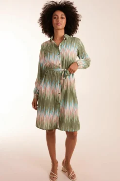 Shirt Dresses*Blue Vanilla Zig Zag Print Shirt Dress Khaki
