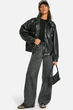Up To 80% Off Winter Warmers|Bomber Jackets*boohoo Zip Detail Faux Leather Bomber Jacket black