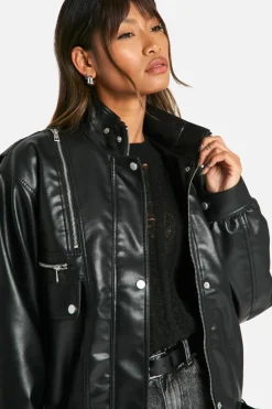 Up To 80% Off Winter Warmers|Bomber Jackets*boohoo Zip Detail Faux Leather Bomber Jacket black