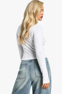 Long Sleeve Tops|Tops*boohoo Zip Front Rib Long Sleeve Top white