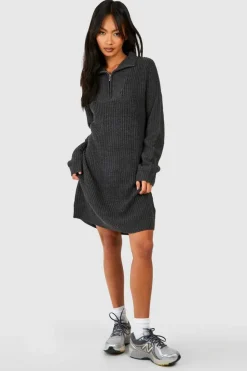 Jumper Dresses|Jumper Dresses*boohoo Zip Neck Knitted Mini Jumper Dress charcoal