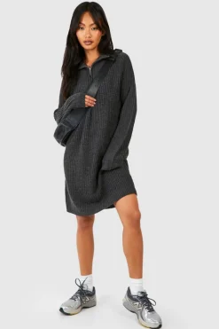 Jumper Dresses|Jumper Dresses*boohoo Zip Neck Knitted Mini Jumper Dress charcoal