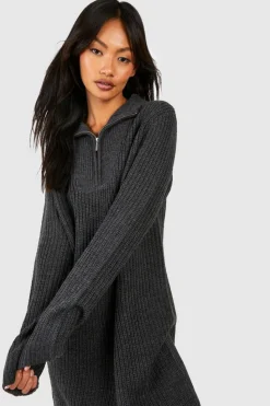Jumper Dresses|Jumper Dresses*boohoo Zip Neck Knitted Mini Jumper Dress charcoal