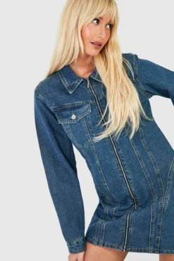 Shirt Dresses*boohoo Zip Through Denim Mini Shirt Dress vintage wash